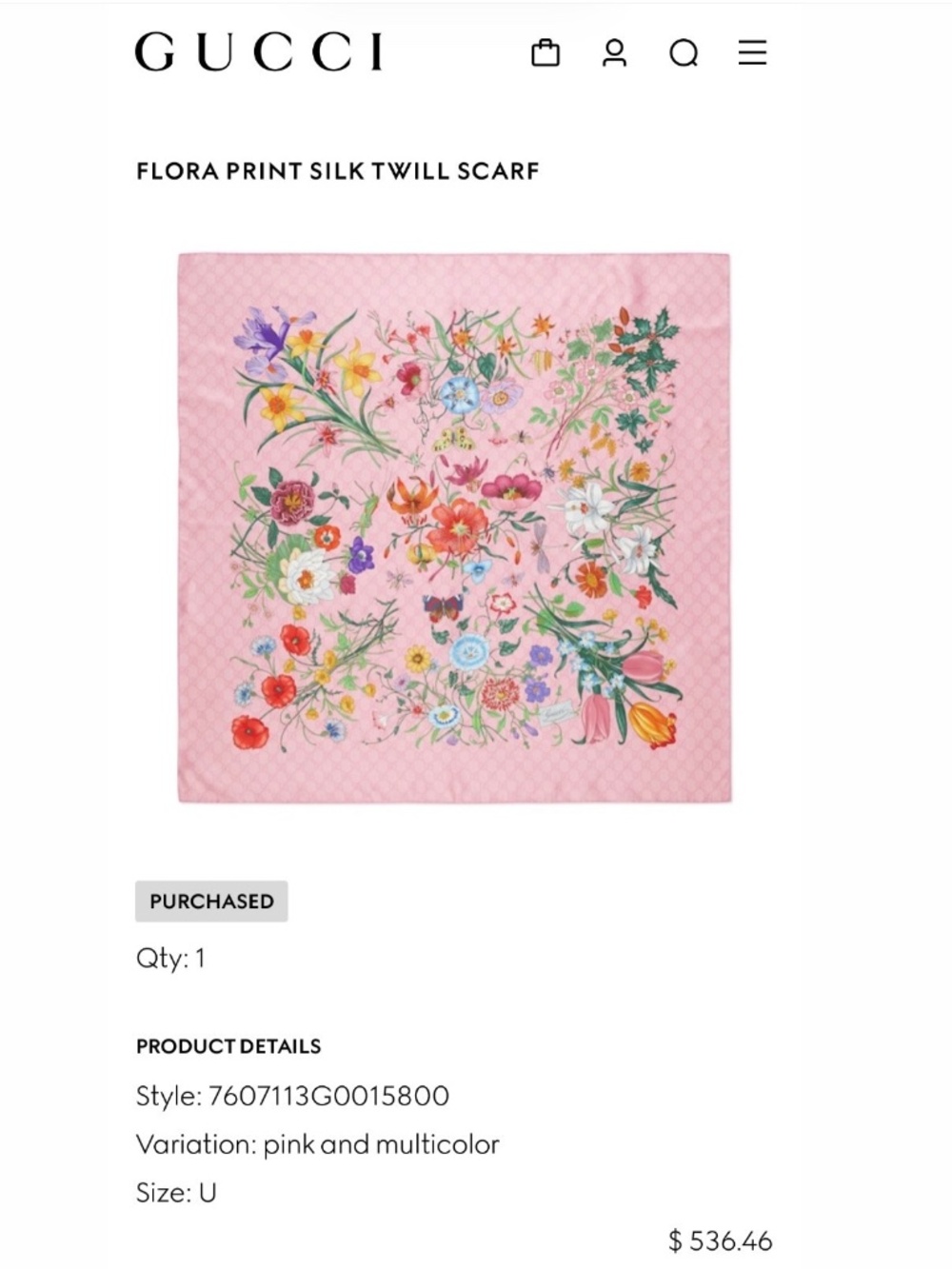 Gucci Flora Silk Twill Scarf Pink Multicolor Authentic New w Box - Picture 2 of 2